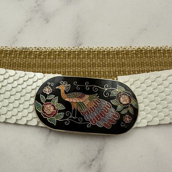 Womens Vintage 80s Scaled Peacock Belt One Size White Black Cloisonne Buckle - Picture 1 of 4
